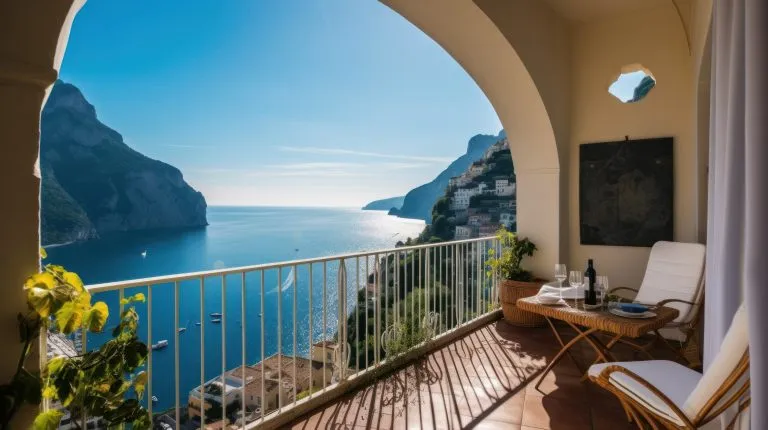 Luxuriöse Villa an der atemberaubenden Amalfiküste Italiens, mit Panoramablick auf das glitzernde Mittelmeer und Terrassen auf den Klippen