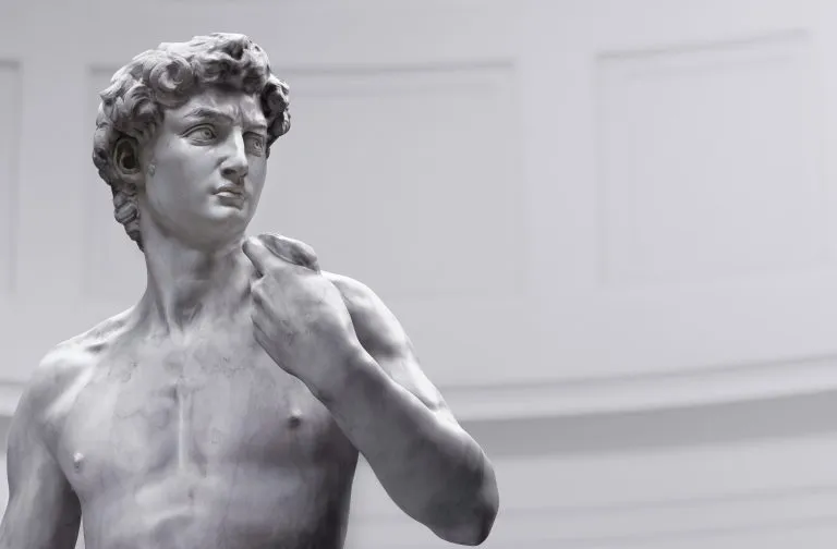 Standbeeld van David door Michelangelo; Florence, Italië museum achtergrond. 3D Renaissance bijbelse held marmeren beeld digitale illustratie, antiek naakt standbeeld meesterwerk rendering, klassieke kunst geïsoleerd