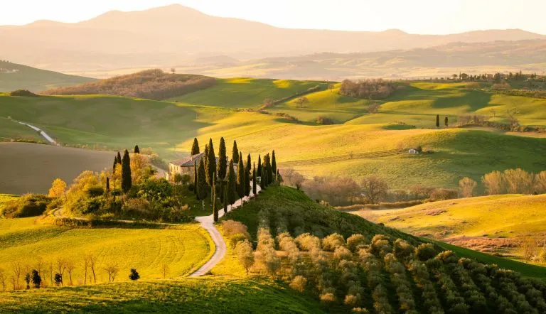 San Quirico d'Orcia, Provinz Siena, Toskana, Italien. Bauernhaus in den toskanischen Hügeln während der Erntezeit.